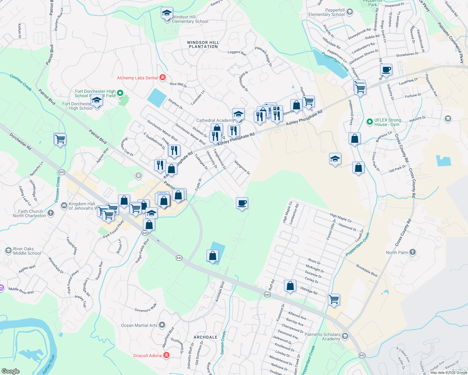 map of restaurants, bars, coffee shops, grocery stores, and more near 451 University Drive in North Charleston