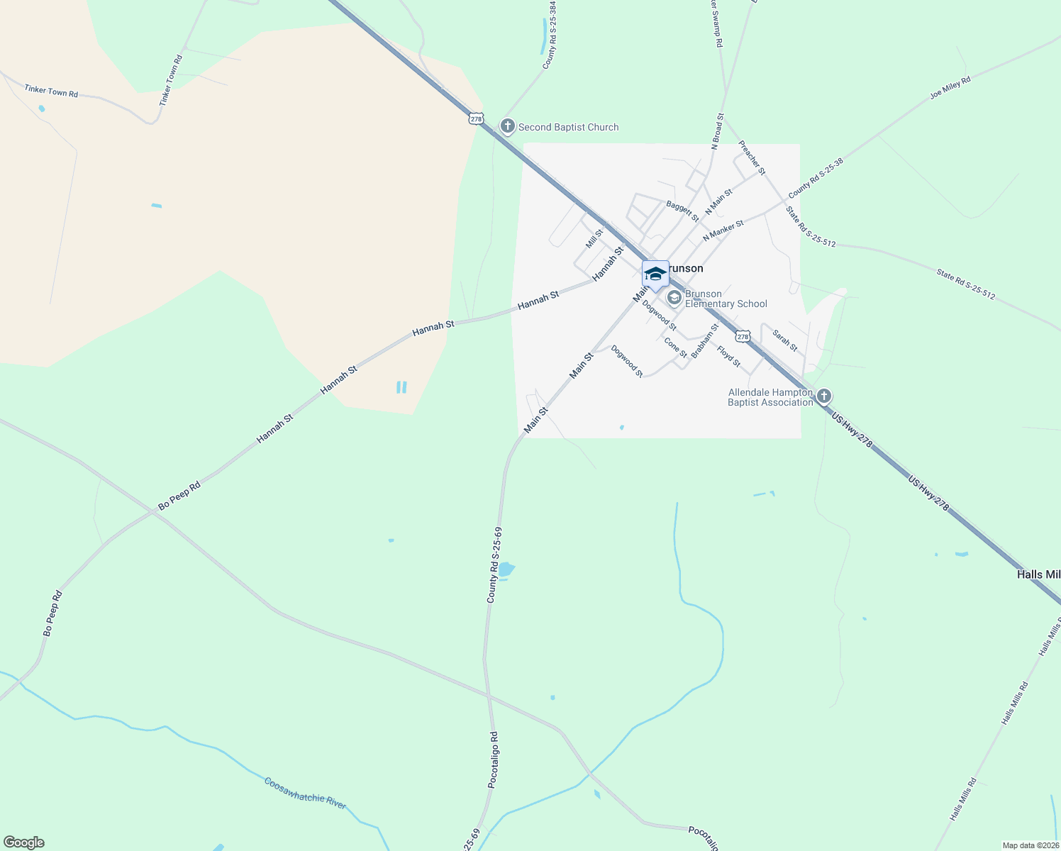 map of restaurants, bars, coffee shops, grocery stores, and more near Main Street in Brunson