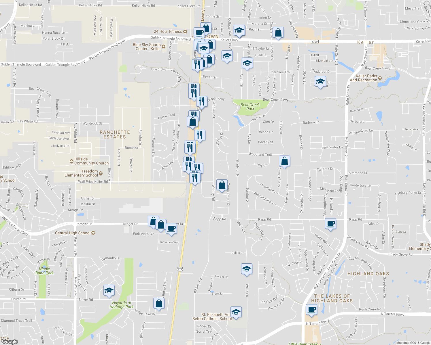 map of restaurants, bars, coffee shops, grocery stores, and more near 212 Flanigan Hill Drive in Keller