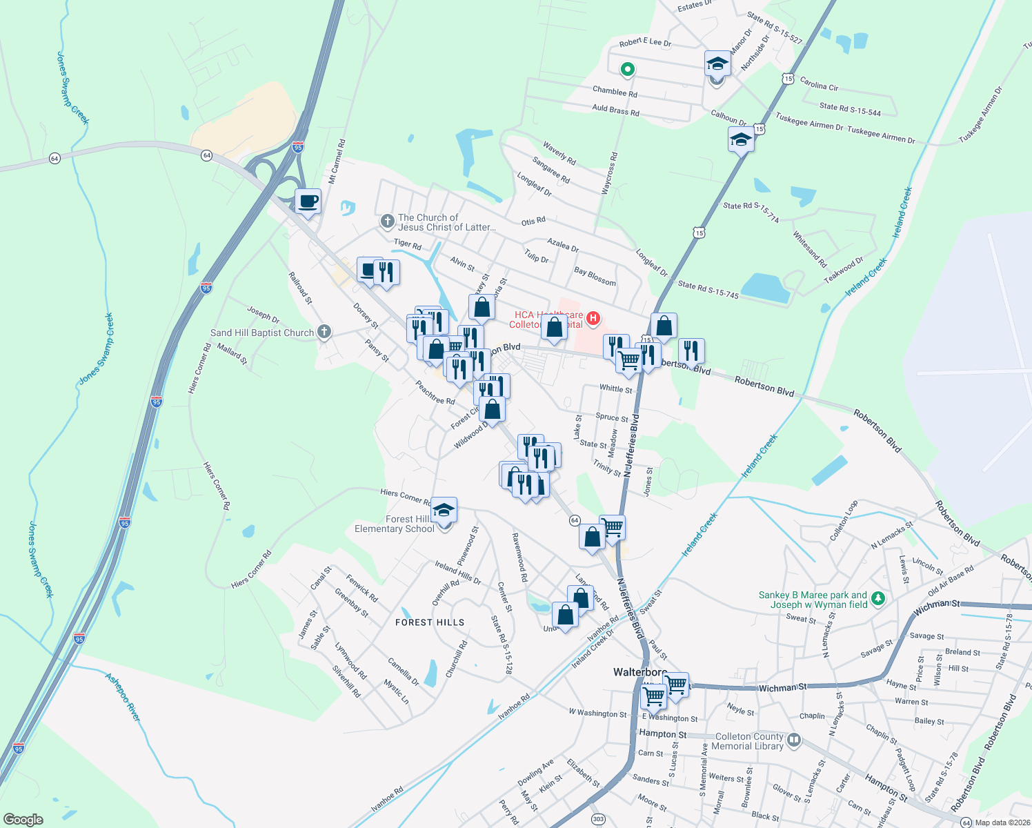 map of restaurants, bars, coffee shops, grocery stores, and more near 207 Shannon Road in Walterboro