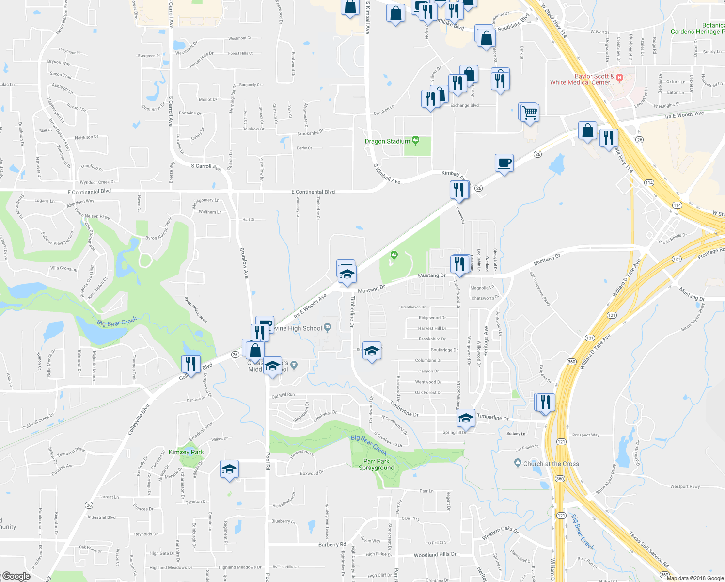map of restaurants, bars, coffee shops, grocery stores, and more near 3117 Mustang Drive in Grapevine