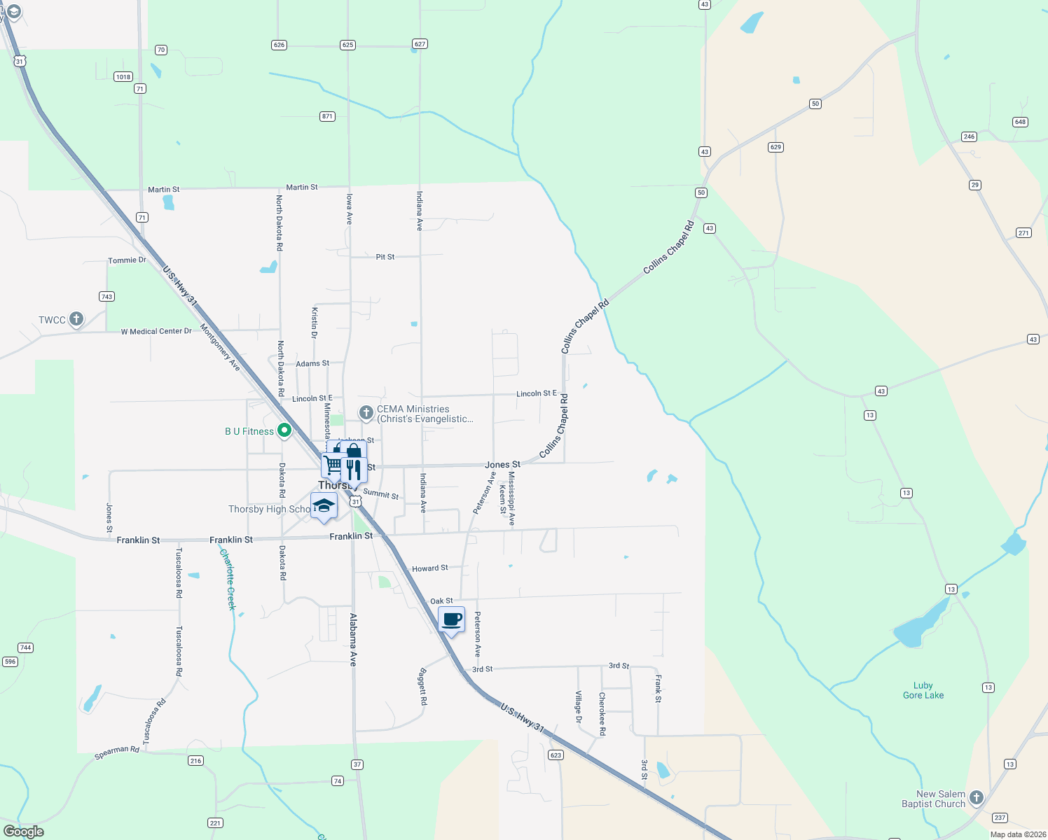 map of restaurants, bars, coffee shops, grocery stores, and more near 199 Crumpton St in Thorsby
