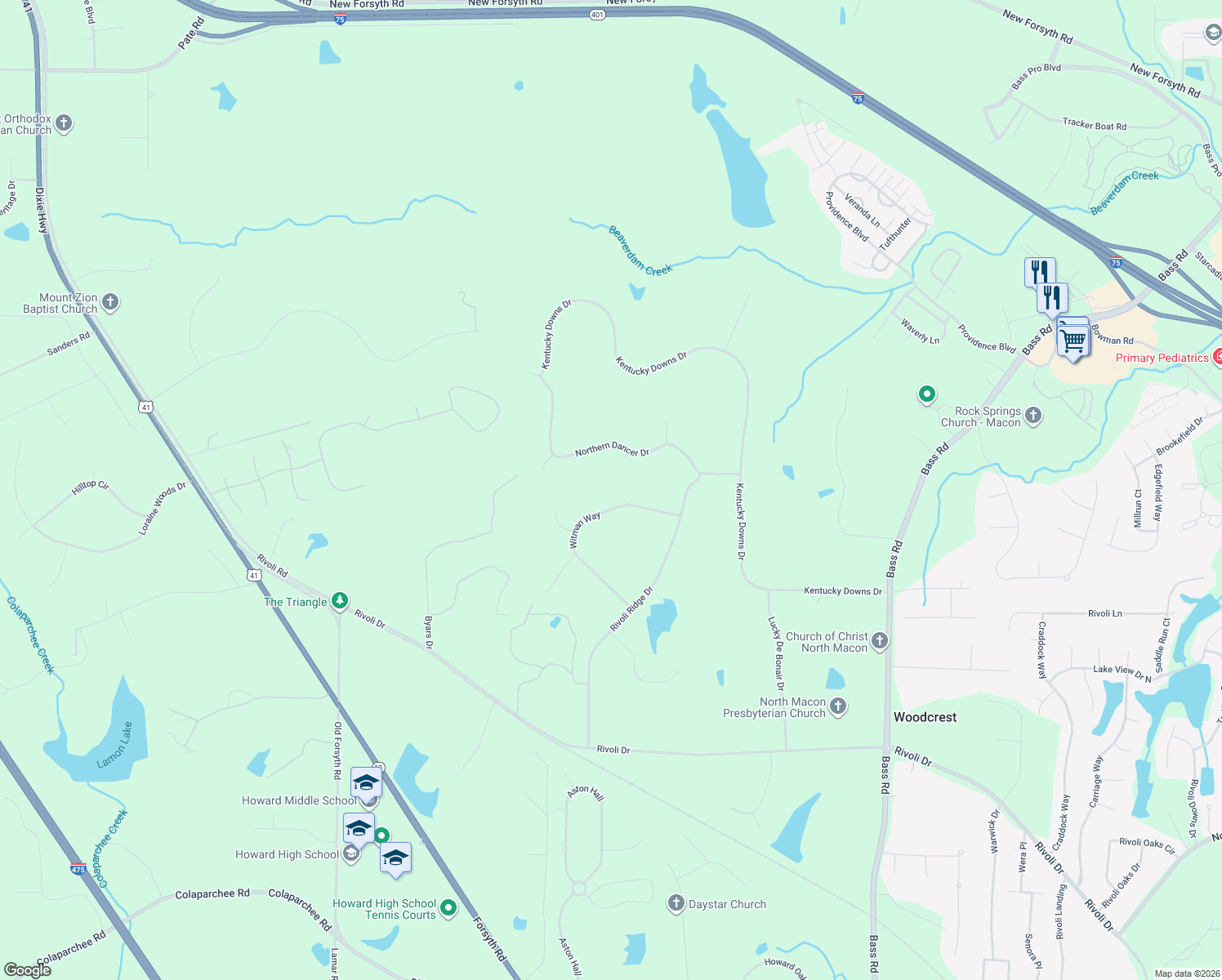 map of restaurants, bars, coffee shops, grocery stores, and more near 122 Witman Way in Macon