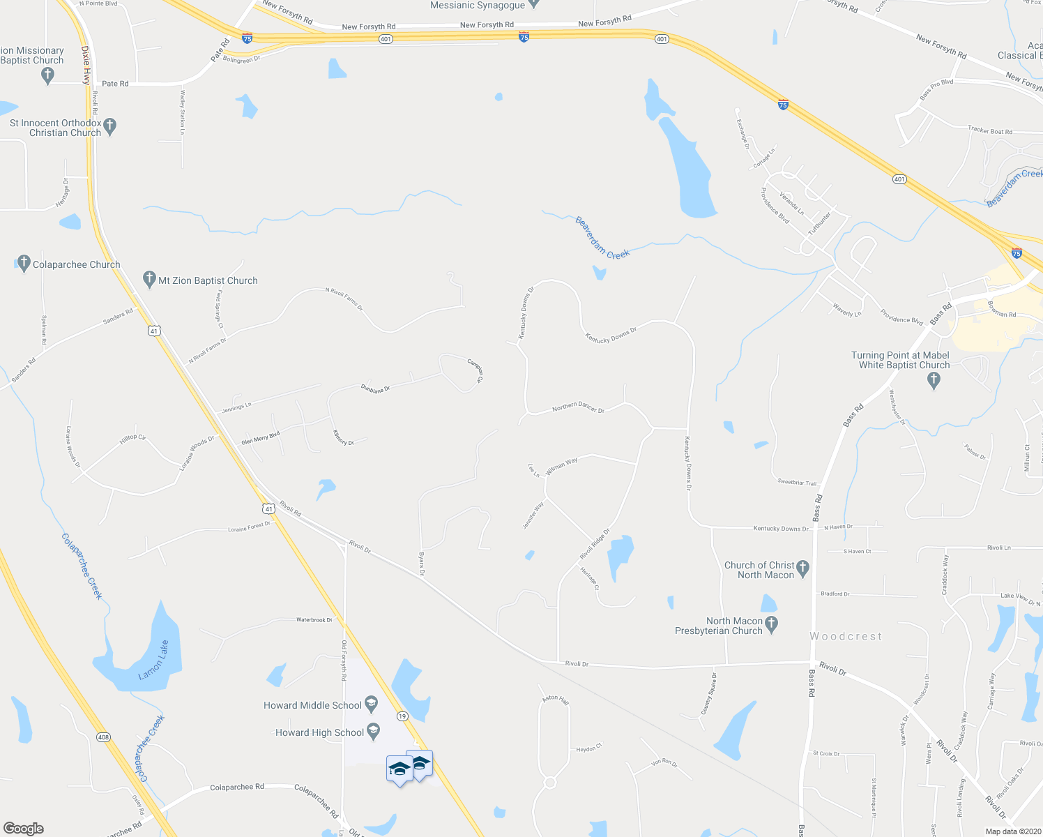 map of restaurants, bars, coffee shops, grocery stores, and more near Man-O-War Lane in Macon