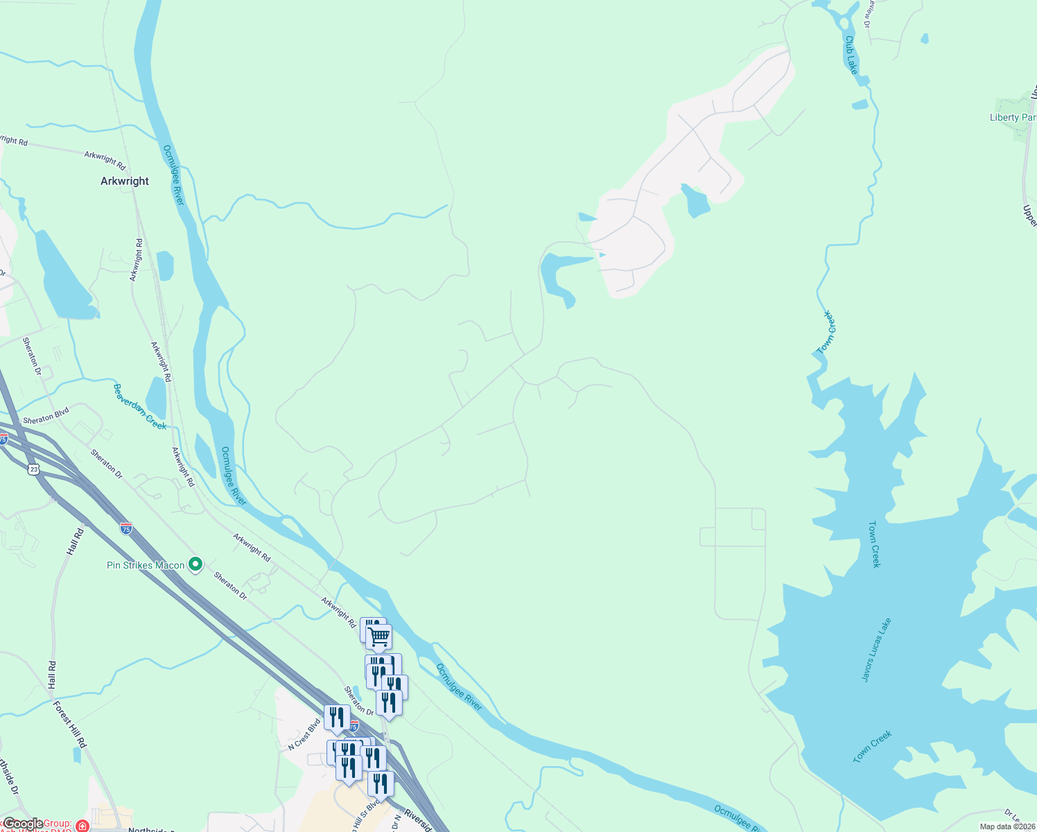 map of restaurants, bars, coffee shops, grocery stores, and more near 126 Old Ridge Road in Macon