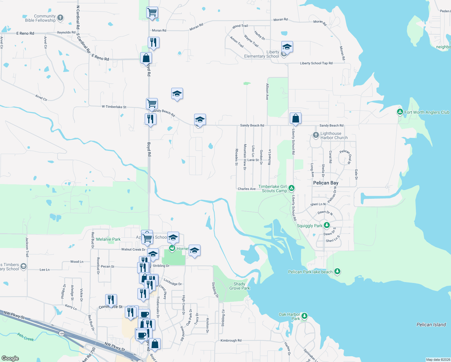 map of restaurants, bars, coffee shops, grocery stores, and more near 216 Rhoades Street in Azle