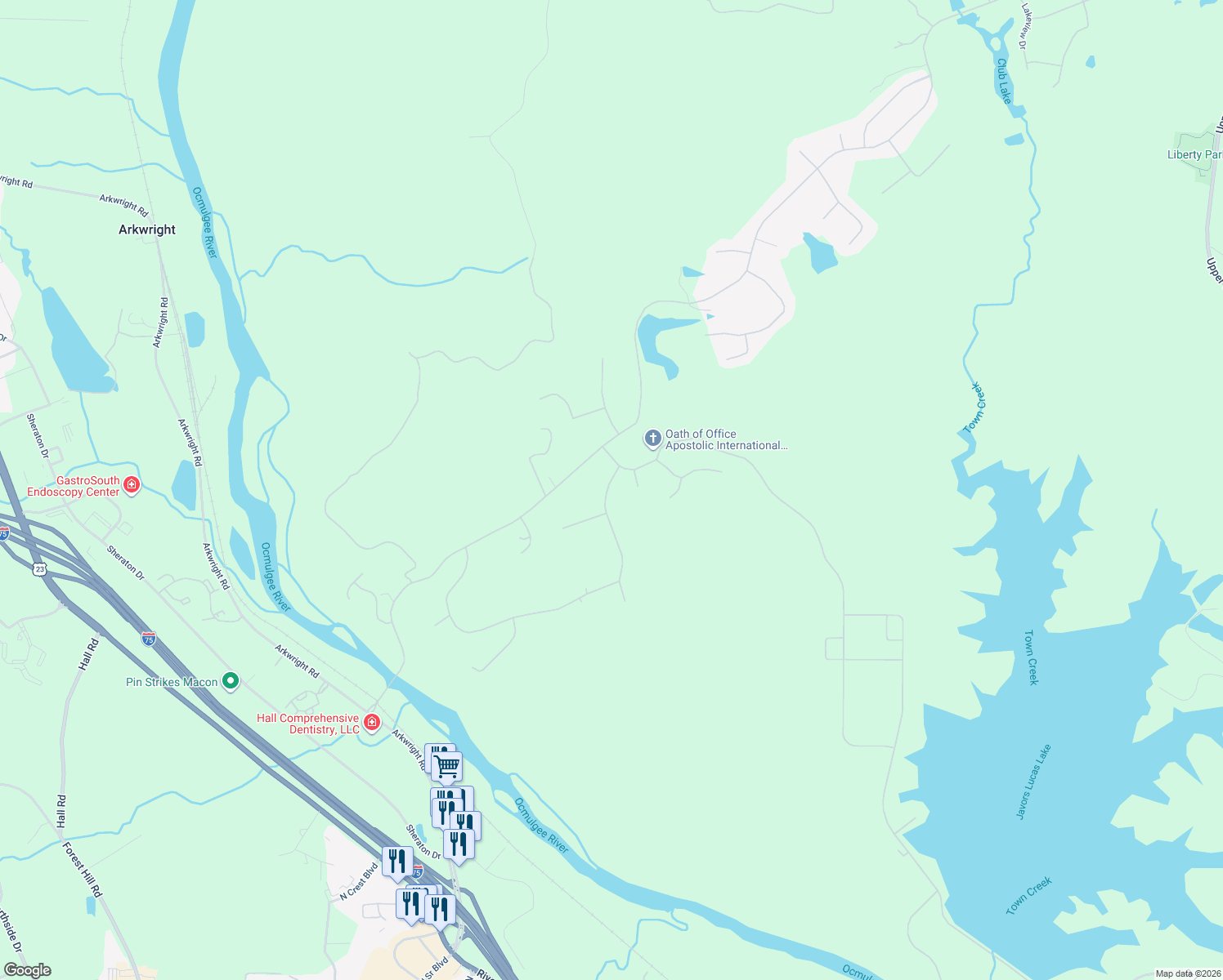 map of restaurants, bars, coffee shops, grocery stores, and more near 651 River North Boulevard in Macon