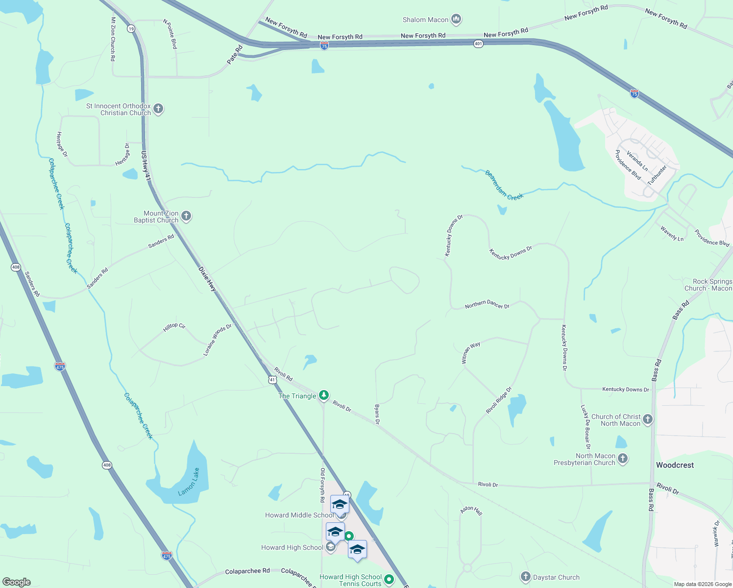 map of restaurants, bars, coffee shops, grocery stores, and more near 747 Dunblane Drive in Macon