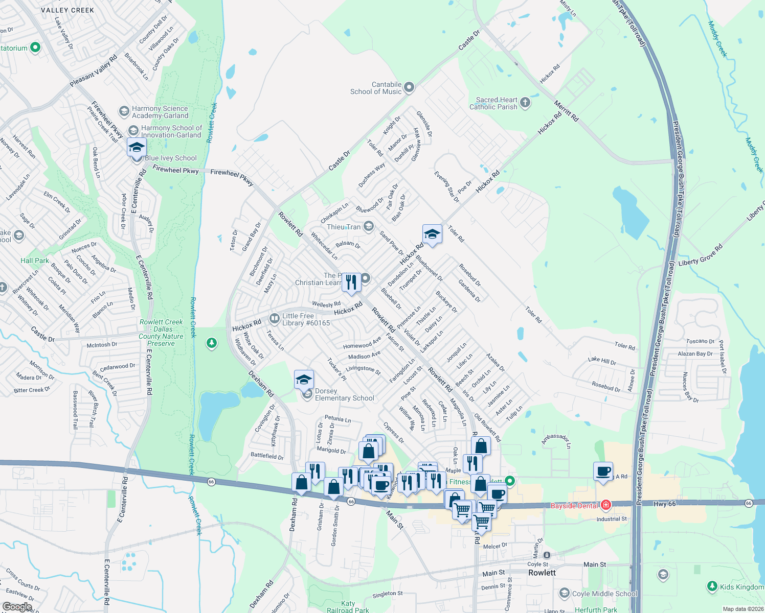 map of restaurants, bars, coffee shops, grocery stores, and more near 6800 Rowlett Road in Rowlett