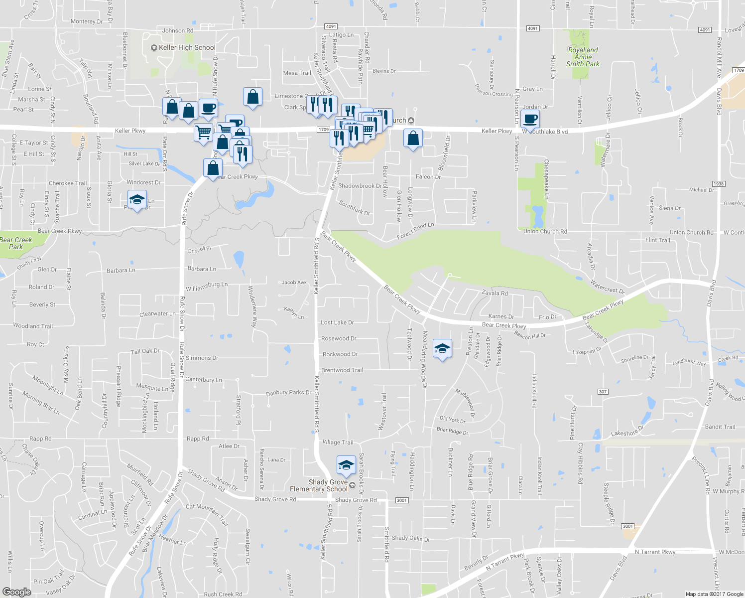 map of restaurants, bars, coffee shops, grocery stores, and more near 609 Deerwood Lane in Keller