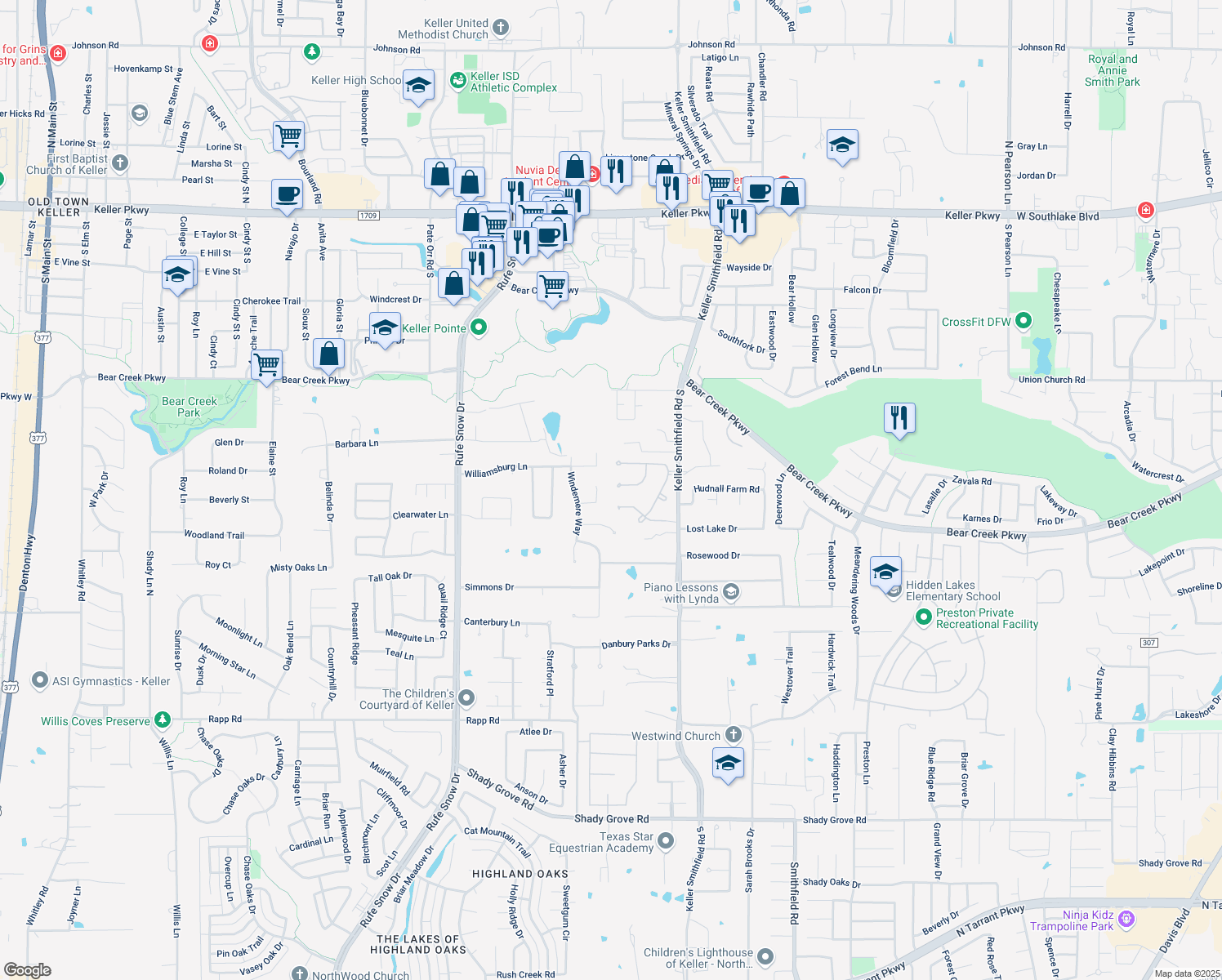map of restaurants, bars, coffee shops, grocery stores, and more near 1400 Micah Way in Keller