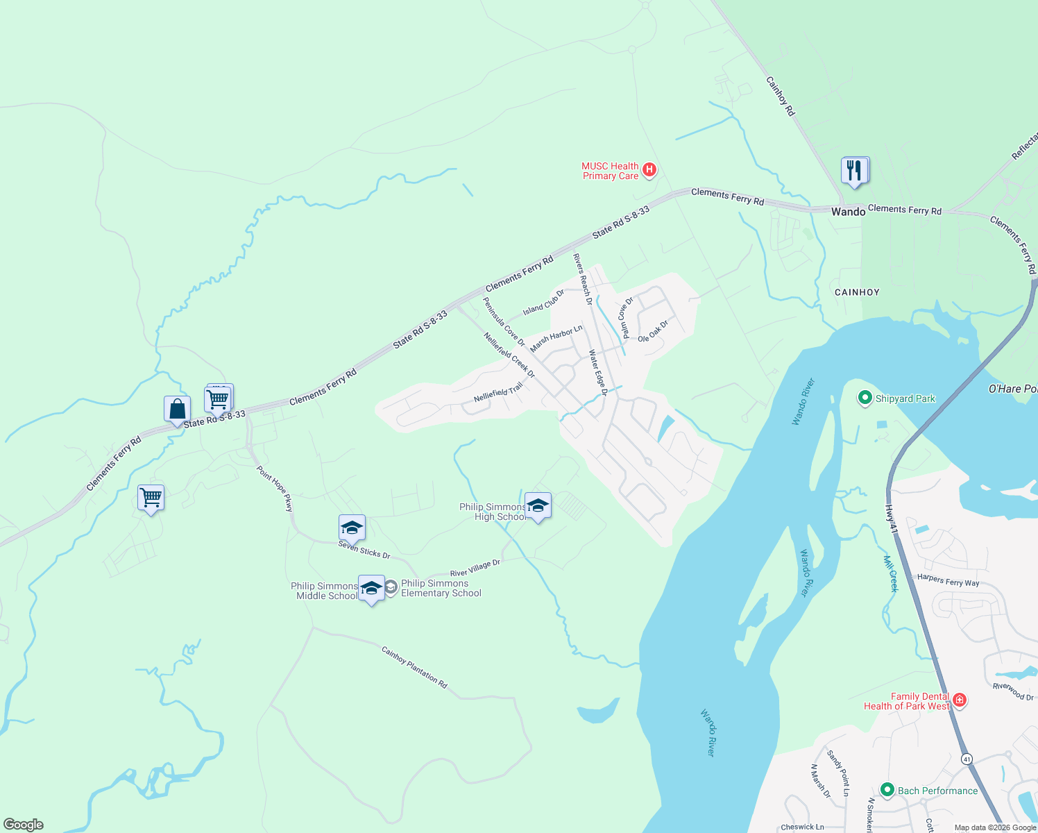 map of restaurants, bars, coffee shops, grocery stores, and more near 207-209 Rice Mill Place in Charleston