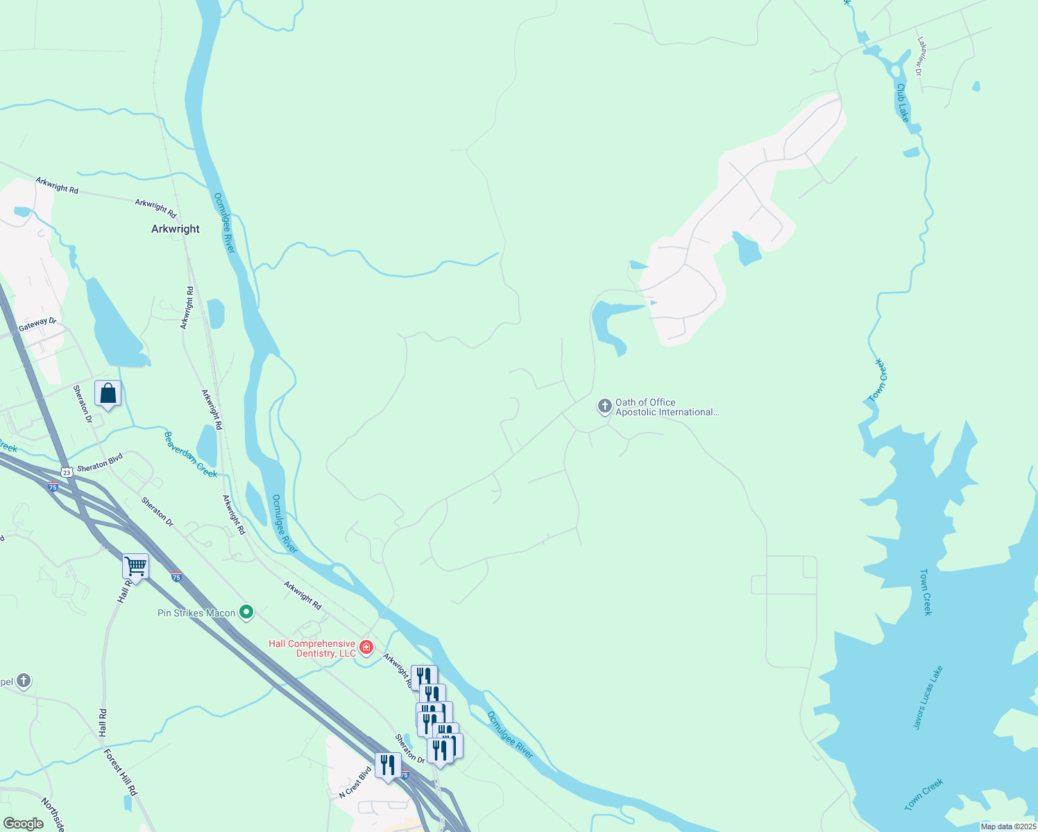 map of restaurants, bars, coffee shops, grocery stores, and more near 342 River Pointe Drive in Macon