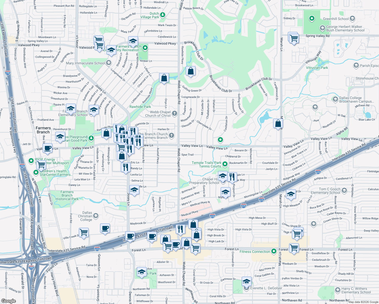map of restaurants, bars, coffee shops, grocery stores, and more near 3135 Spur Trail in Farmers Branch