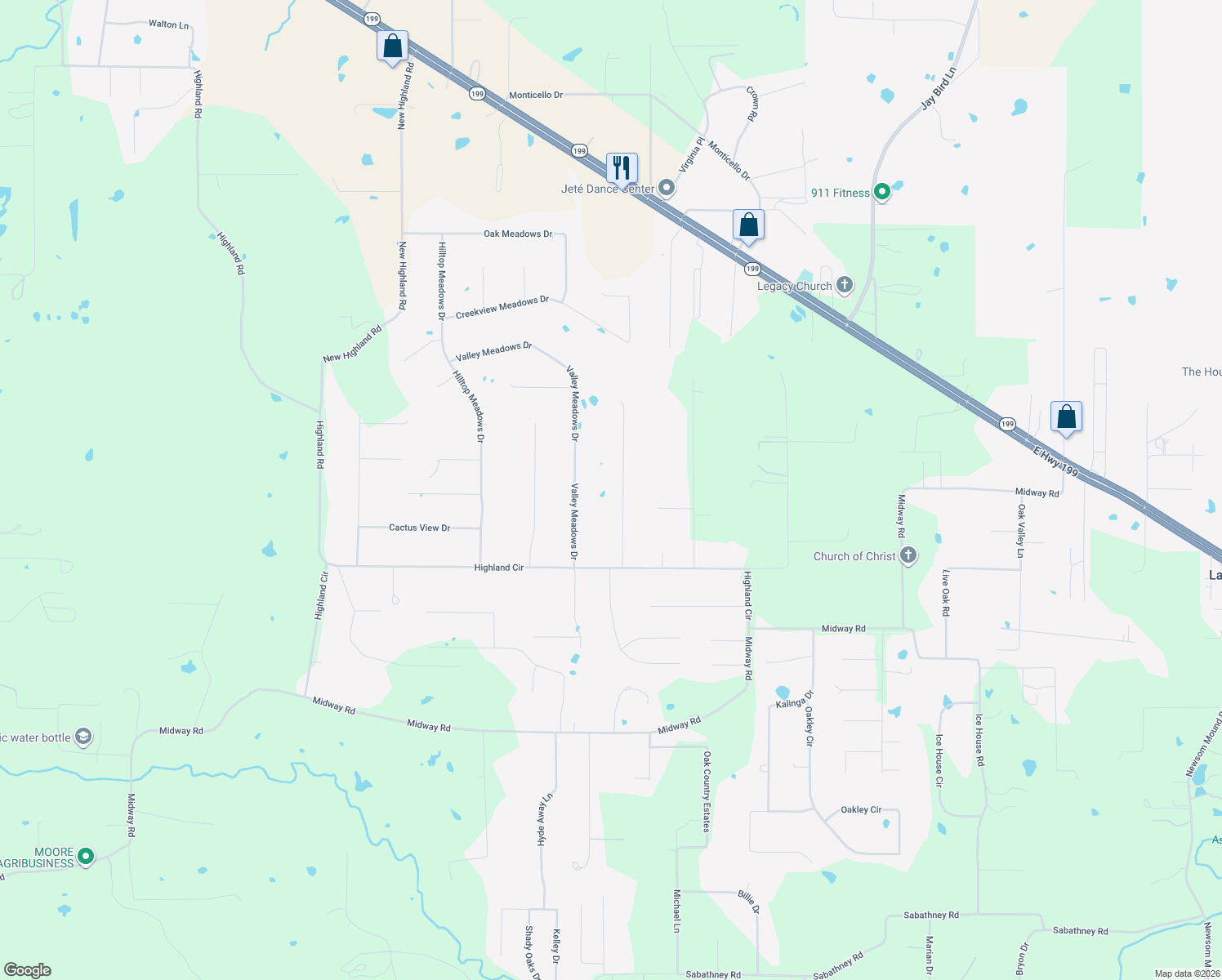 map of restaurants, bars, coffee shops, grocery stores, and more near 153 Clay Court in Springtown