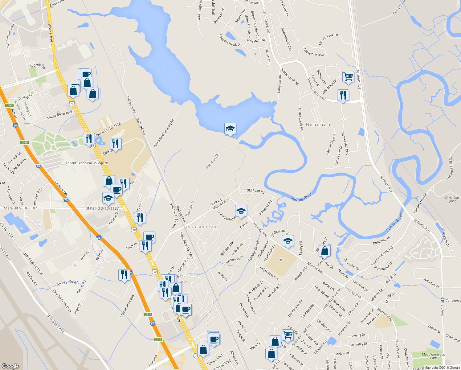 map of restaurants, bars, coffee shops, grocery stores, and more near 1100 River Road in Hanahan