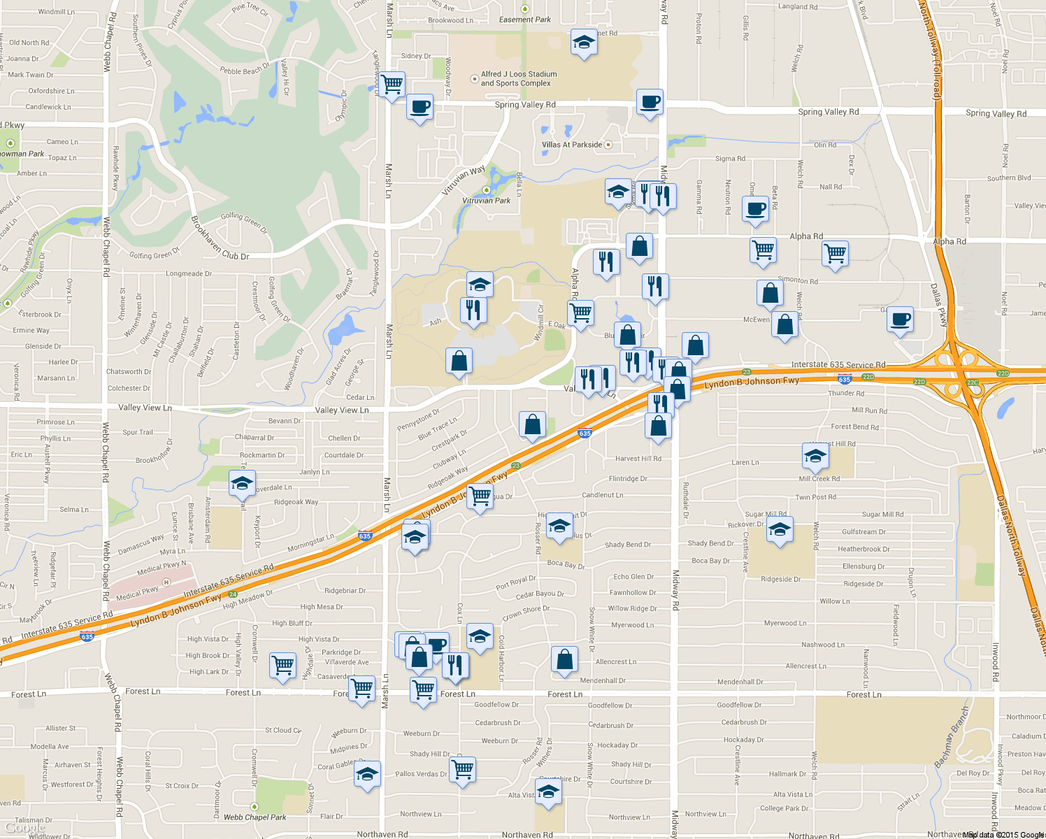 map of restaurants, bars, coffee shops, grocery stores, and more near 4006 Kerr Circle in Farmers Branch