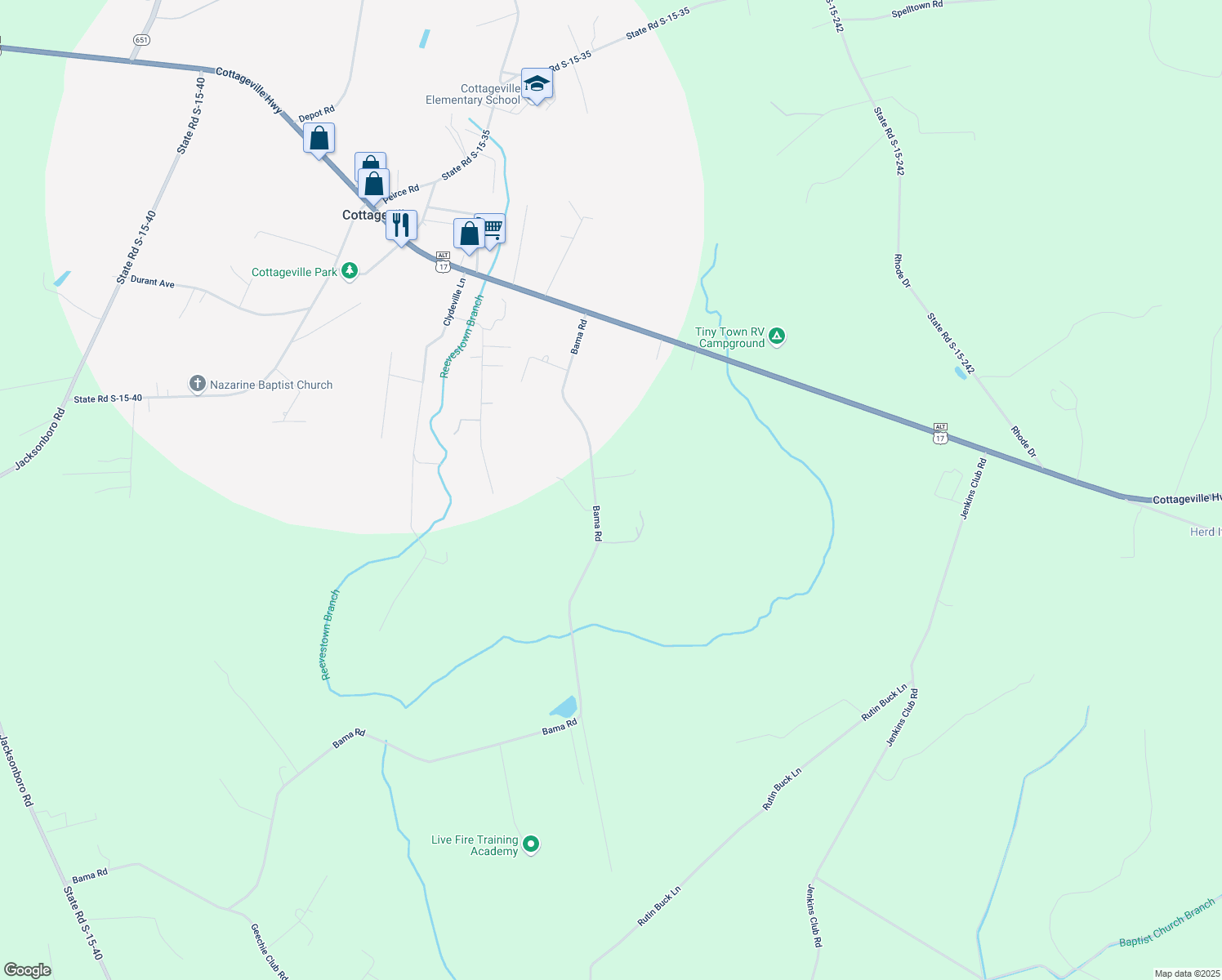 map of restaurants, bars, coffee shops, grocery stores, and more near 2710 Bama Road in Cottageville