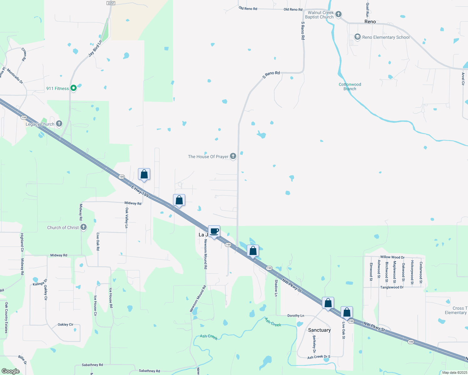 map of restaurants, bars, coffee shops, grocery stores, and more near 1001 Shady Lane in Springtown