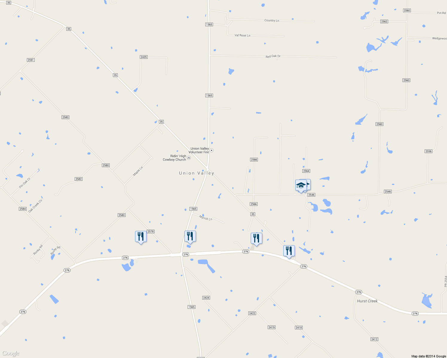 map of restaurants, bars, coffee shops, grocery stores, and more near 9055 Farm to Market 35 in Royse City