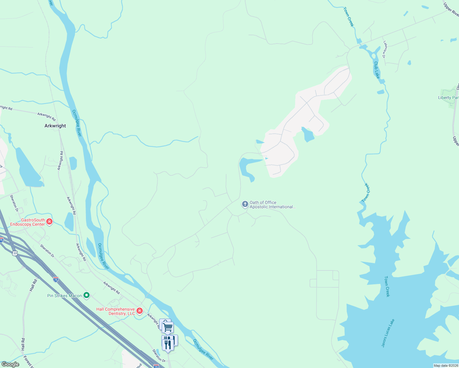 map of restaurants, bars, coffee shops, grocery stores, and more near 136 River Hills Lane in Macon