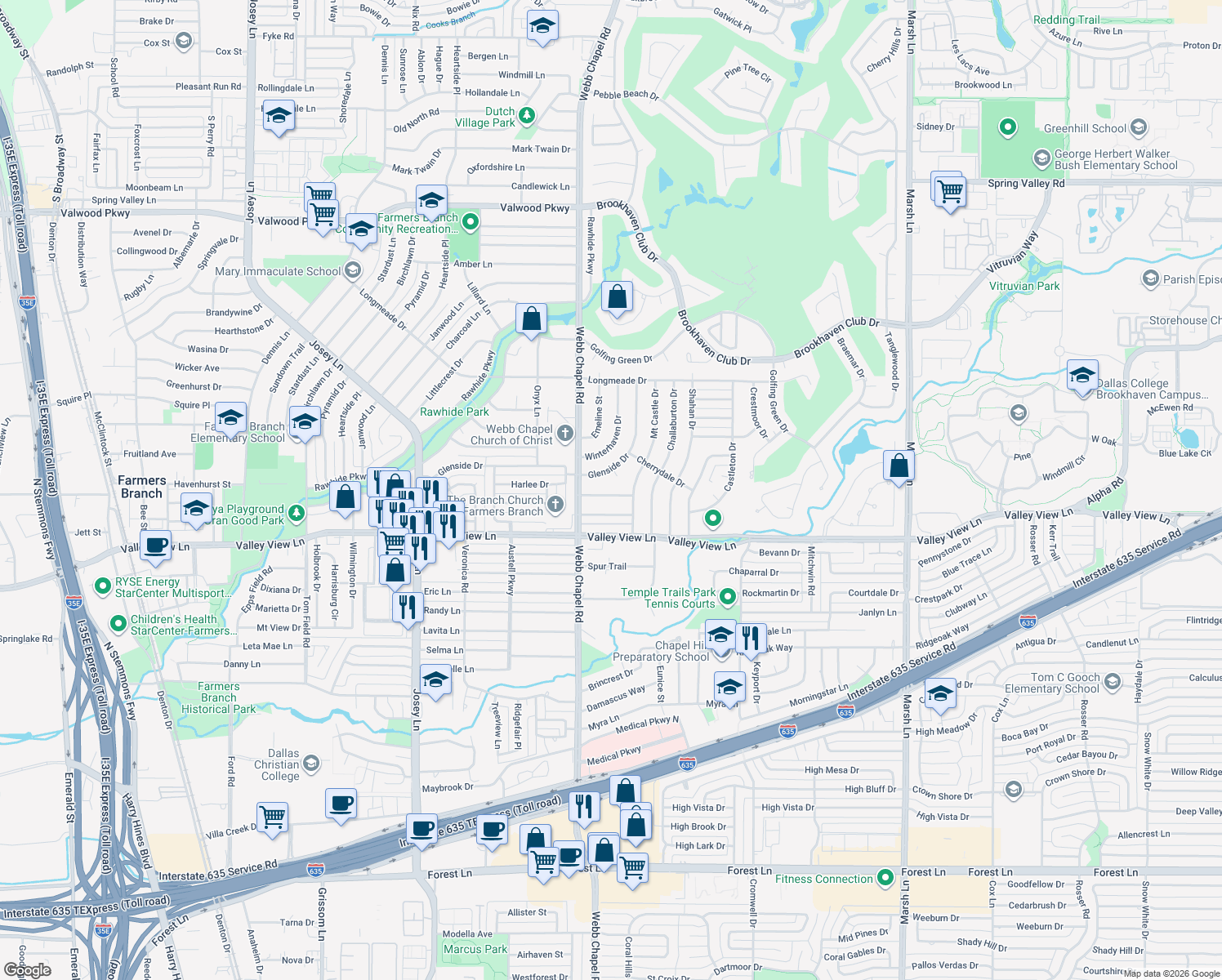map of restaurants, bars, coffee shops, grocery stores, and more near 3139 Chatsworth Dr in Farmers Branch