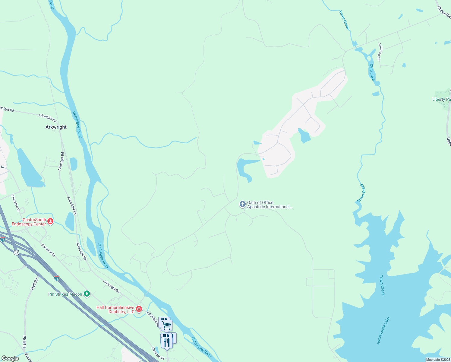 map of restaurants, bars, coffee shops, grocery stores, and more near 136 River Hills Lane in Macon