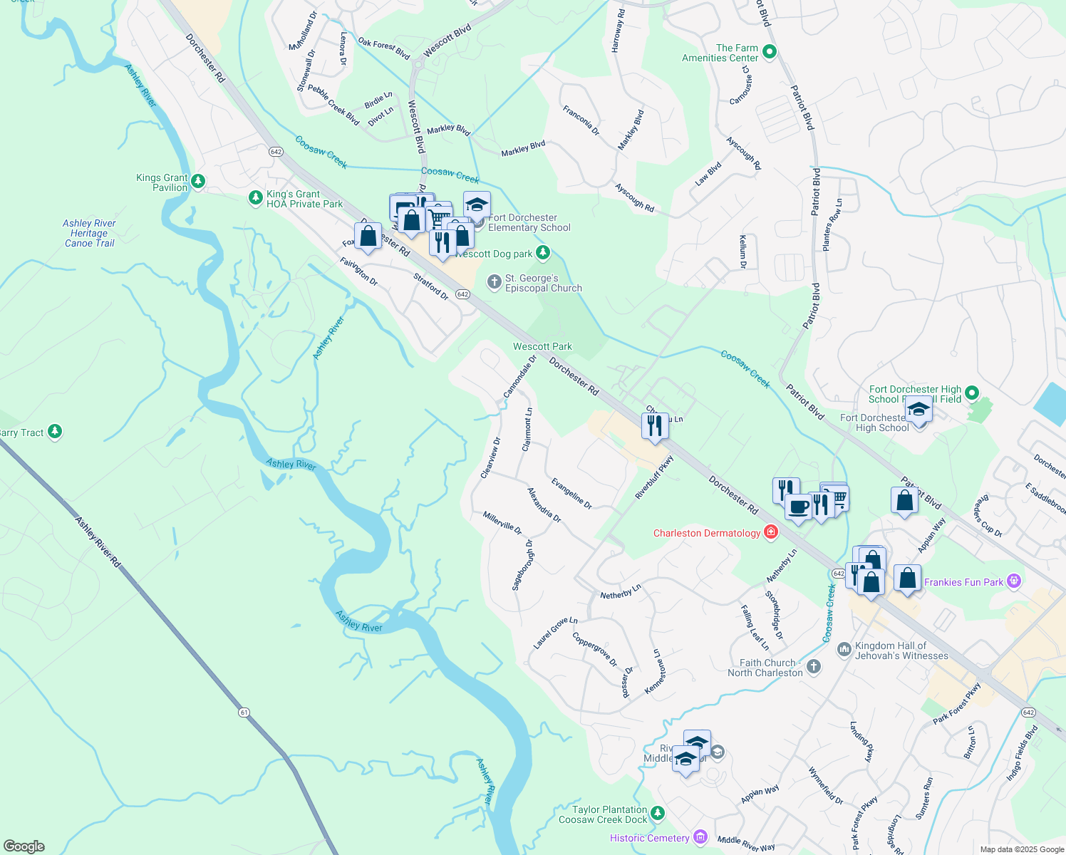 map of restaurants, bars, coffee shops, grocery stores, and more near 5441 Clairmont Lane in North Charleston