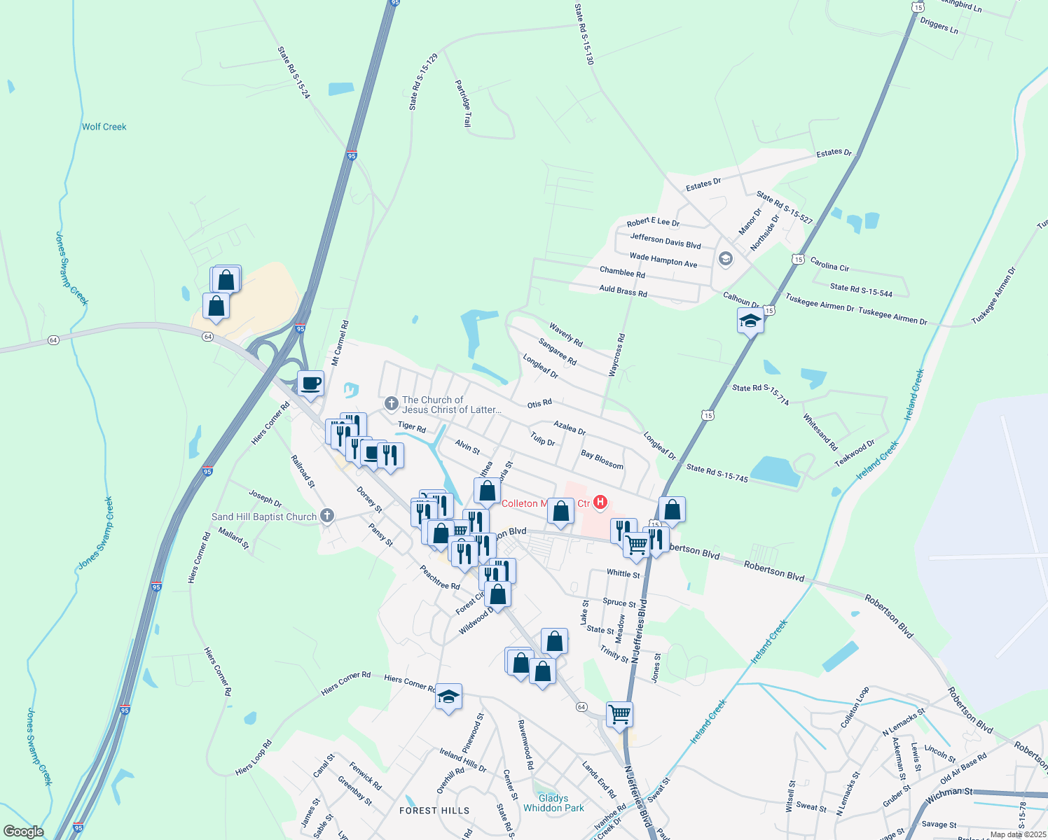map of restaurants, bars, coffee shops, grocery stores, and more near 500 Azalea Drive in Walterboro