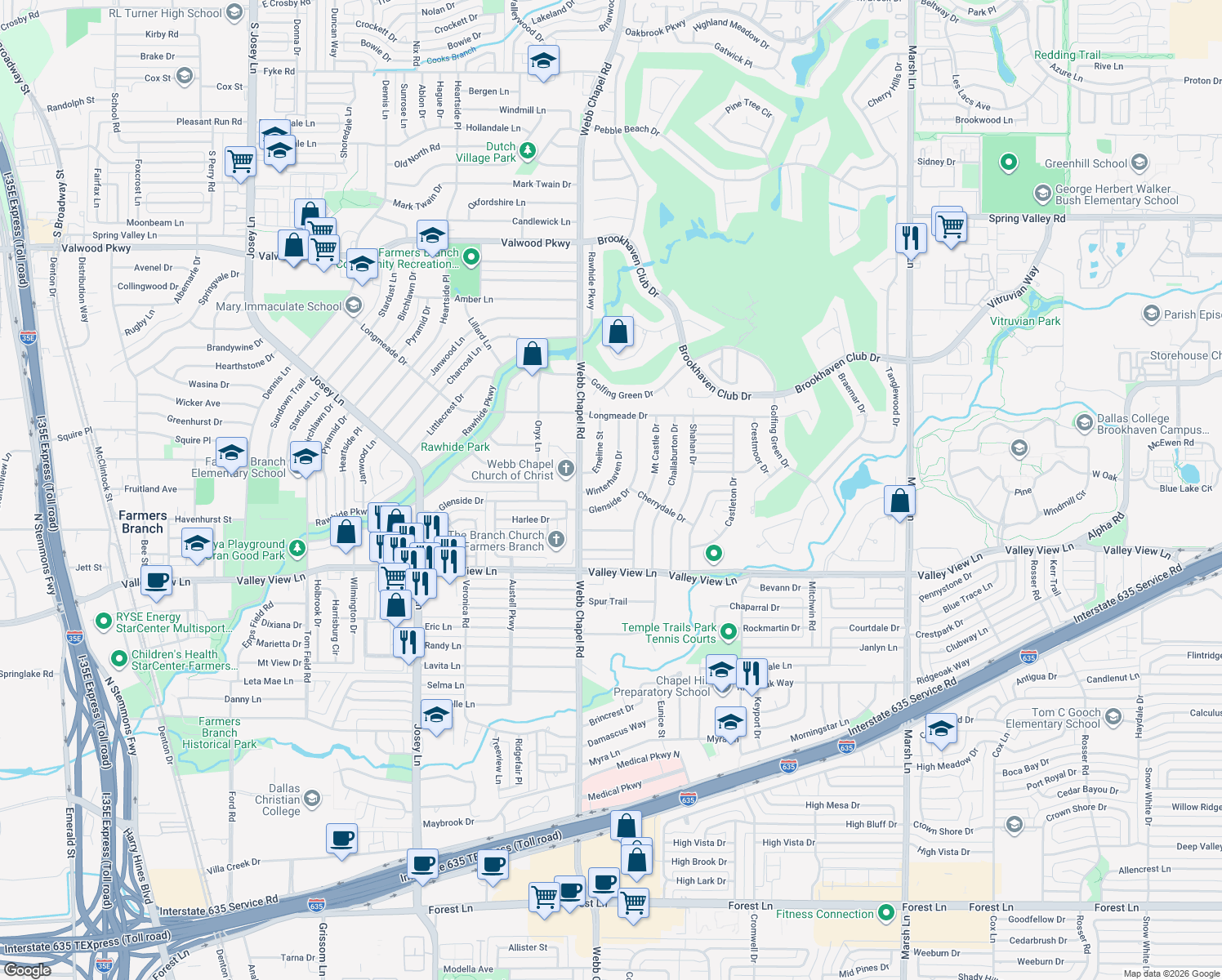 map of restaurants, bars, coffee shops, grocery stores, and more near 13340 Winterhaven Drive in Farmers Branch