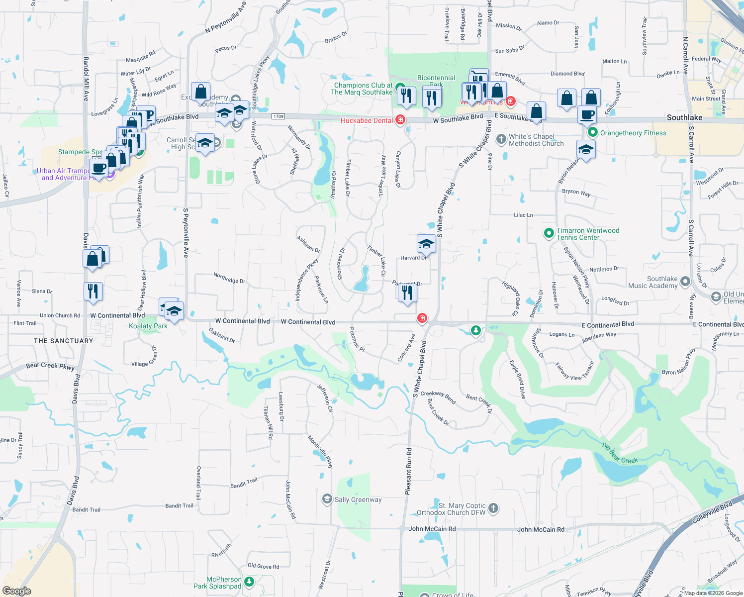 map of restaurants, bars, coffee shops, grocery stores, and more near 809 Timber Lake Circle in Southlake