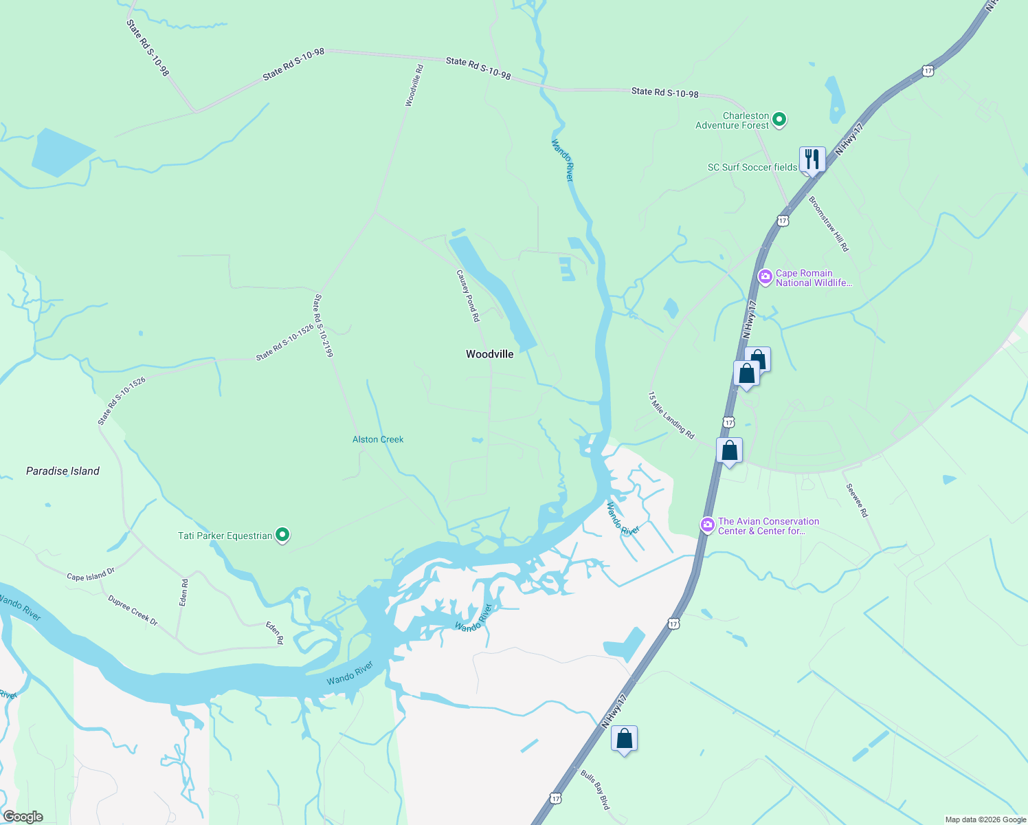 map of restaurants, bars, coffee shops, grocery stores, and more near 4645 Causey Pond Road in Awendaw