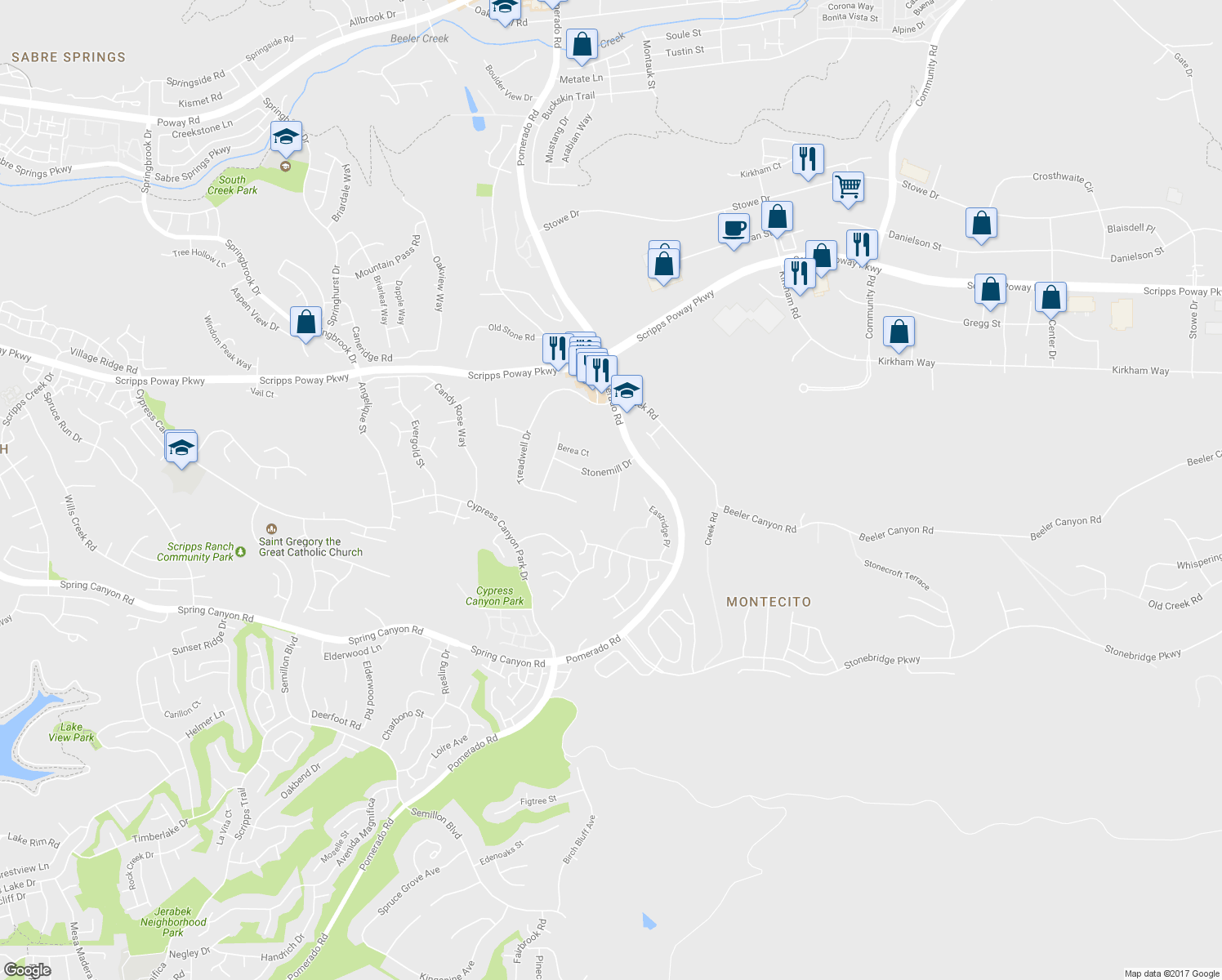 map of restaurants, bars, coffee shops, grocery stores, and more near 11704 Eastfield Road in Poway