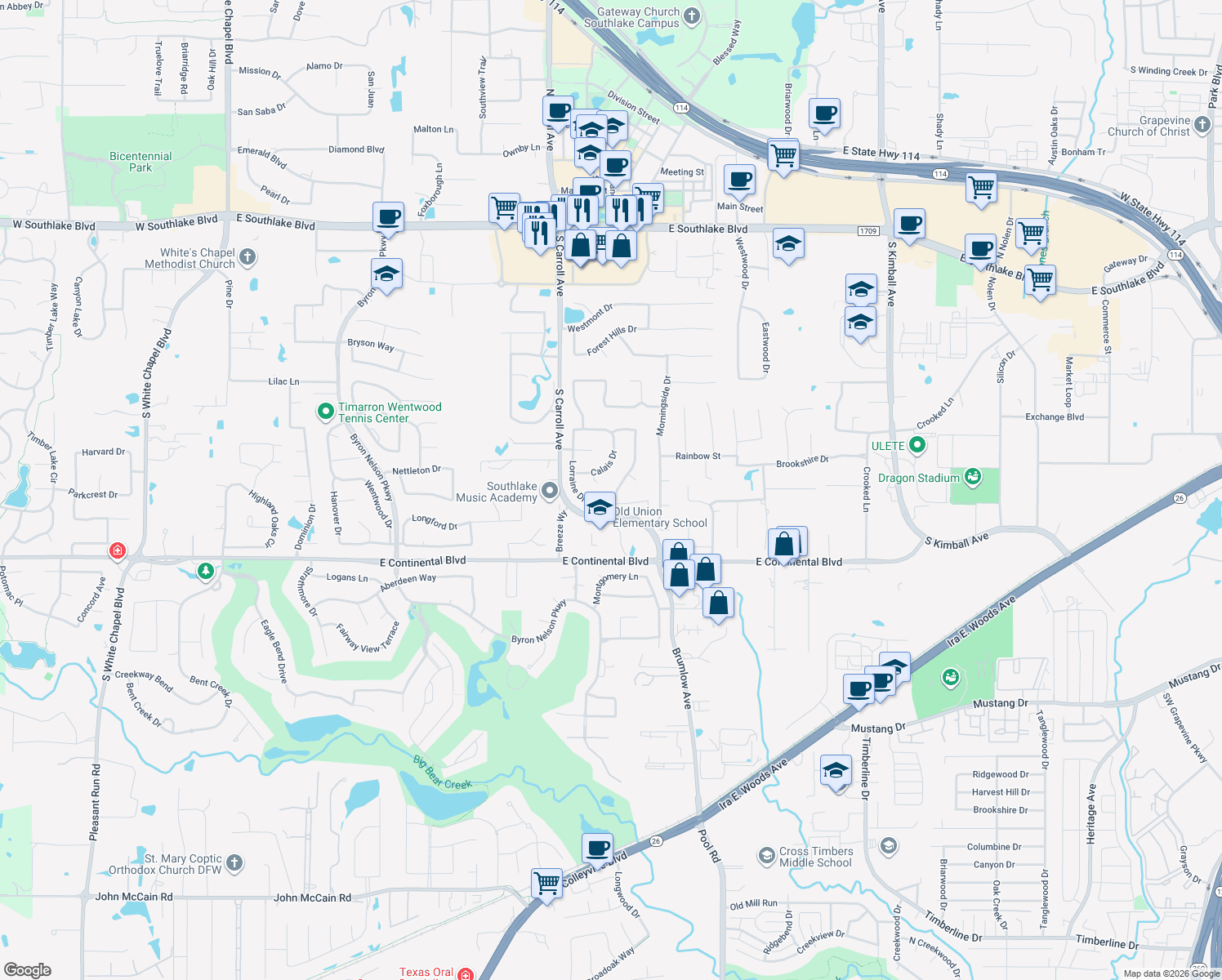 map of restaurants, bars, coffee shops, grocery stores, and more near 618 Bordeaux Drive in Southlake