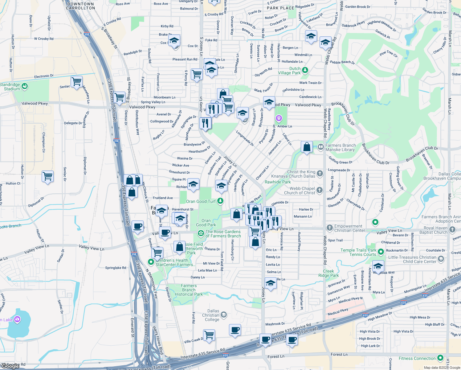map of restaurants, bars, coffee shops, grocery stores, and more near 13608 Pyramid Dr in Farmers Branch