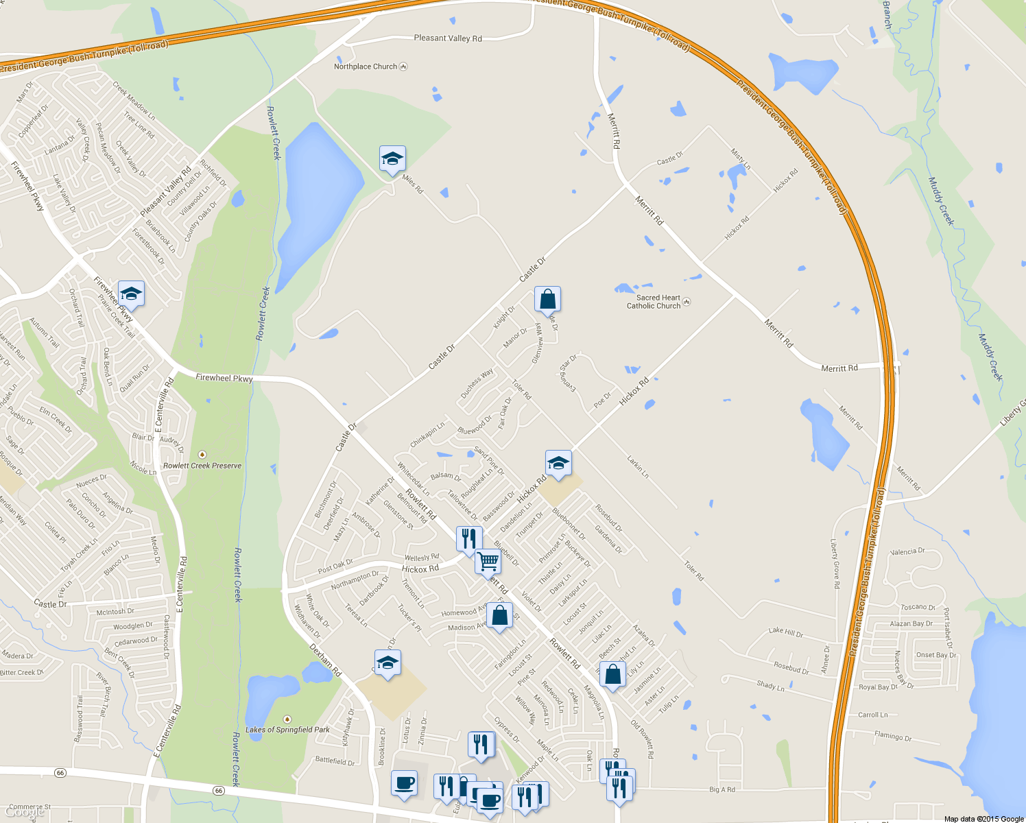 map of restaurants, bars, coffee shops, grocery stores, and more near 3205 Blair Oak Drive in Rowlett