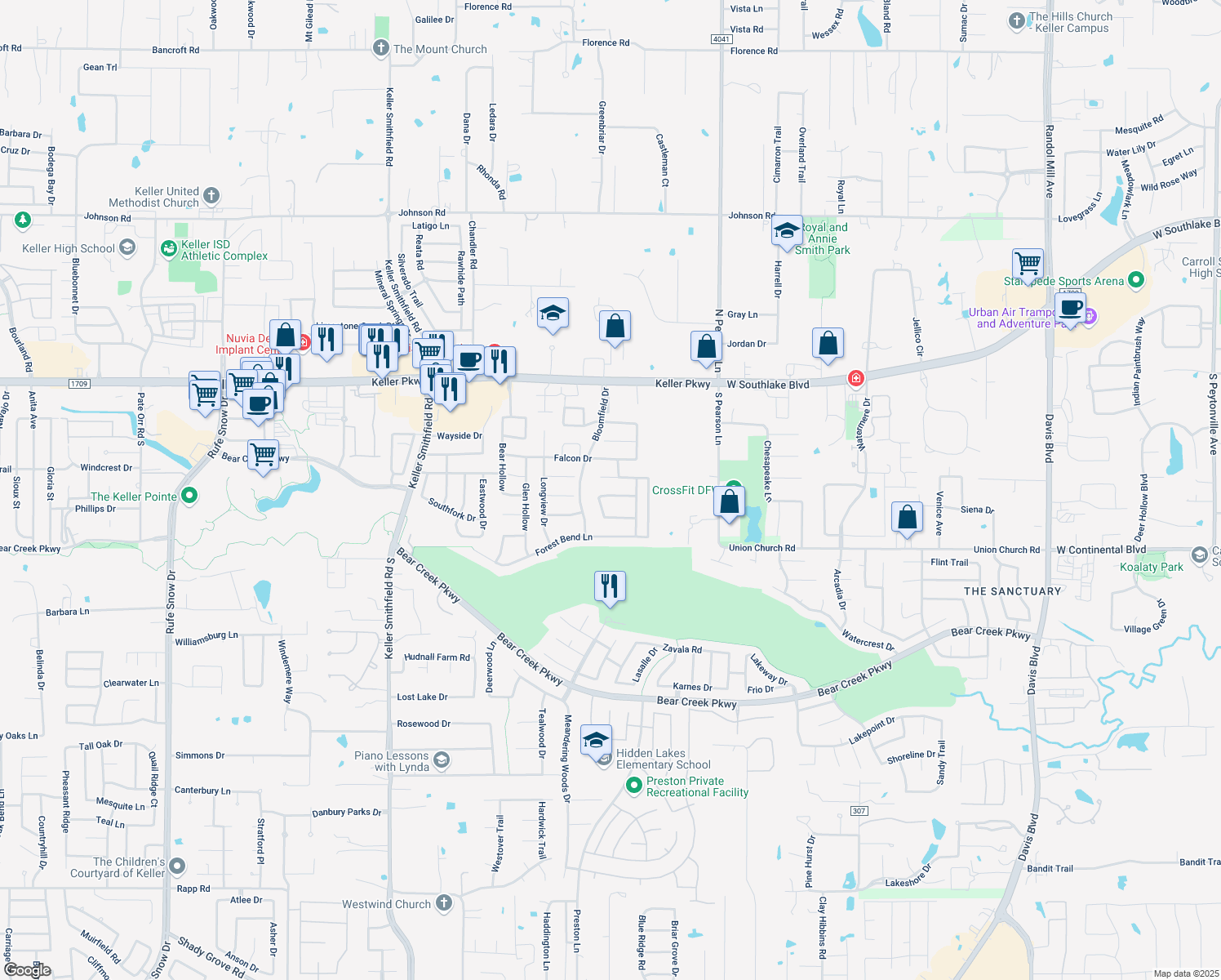 map of restaurants, bars, coffee shops, grocery stores, and more near 1811 Windsong Circle in Keller