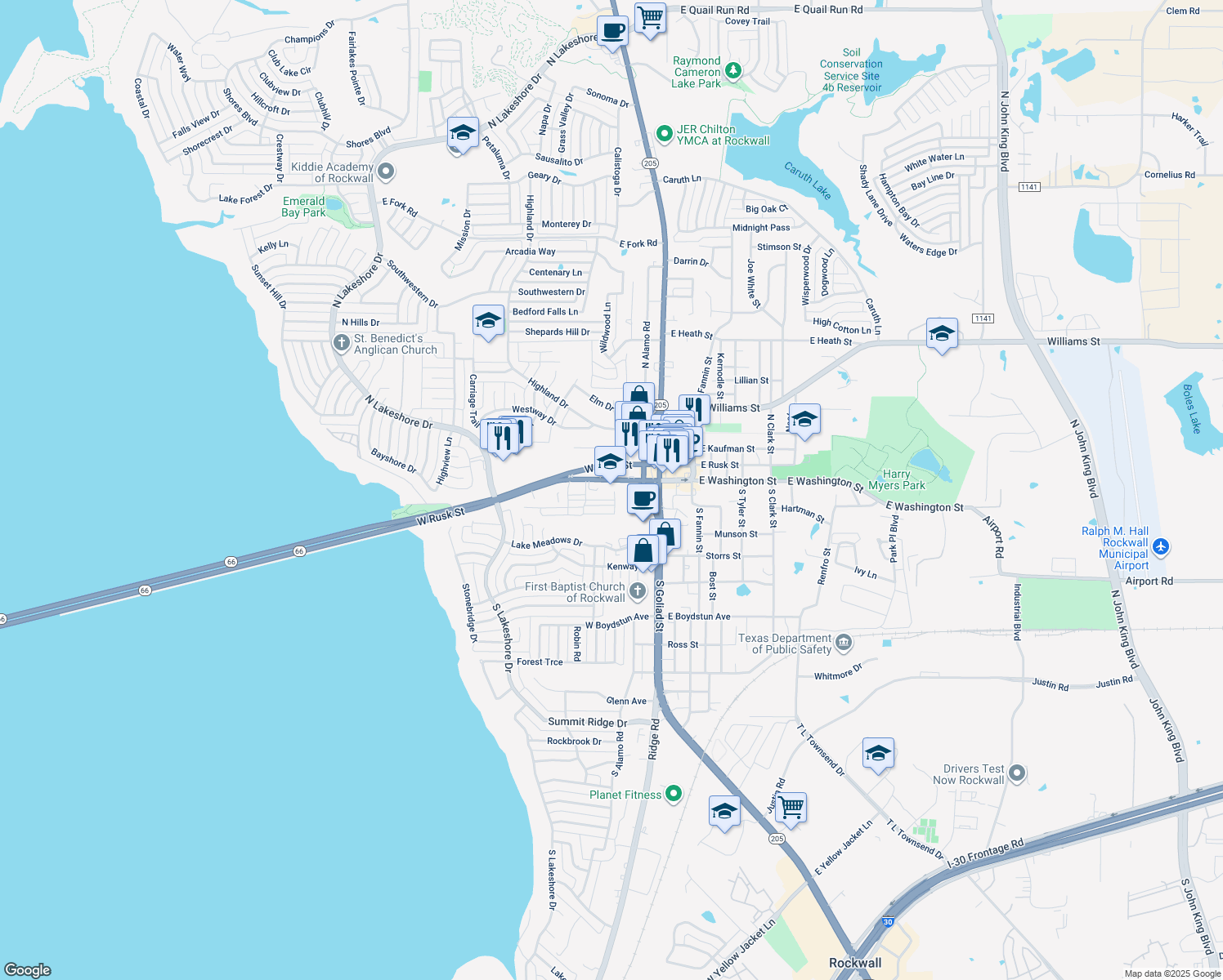 map of restaurants, bars, coffee shops, grocery stores, and more near 401 West Washington Street in Rockwall