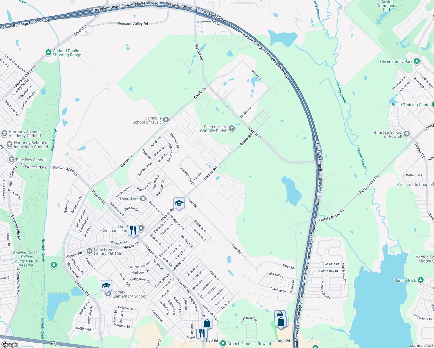 map of restaurants, bars, coffee shops, grocery stores, and more near 3200 Hickox Road in Rowlett