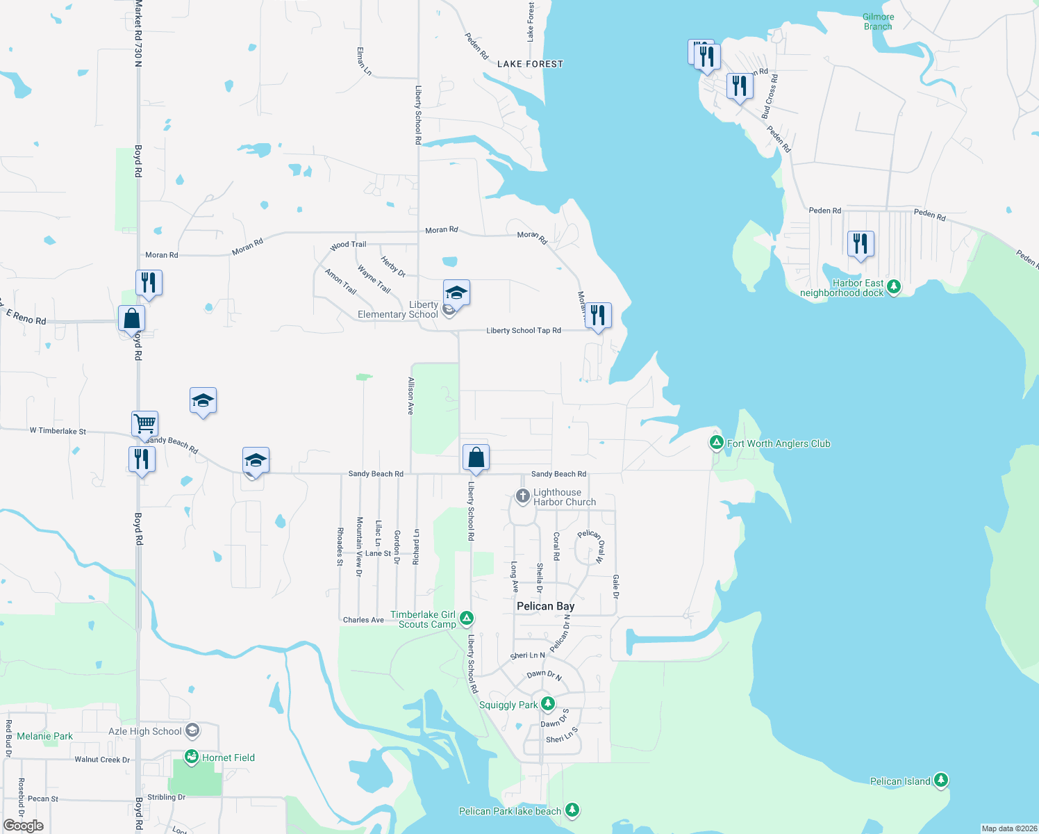 map of restaurants, bars, coffee shops, grocery stores, and more near 11146 Liberty School Rd in Azle