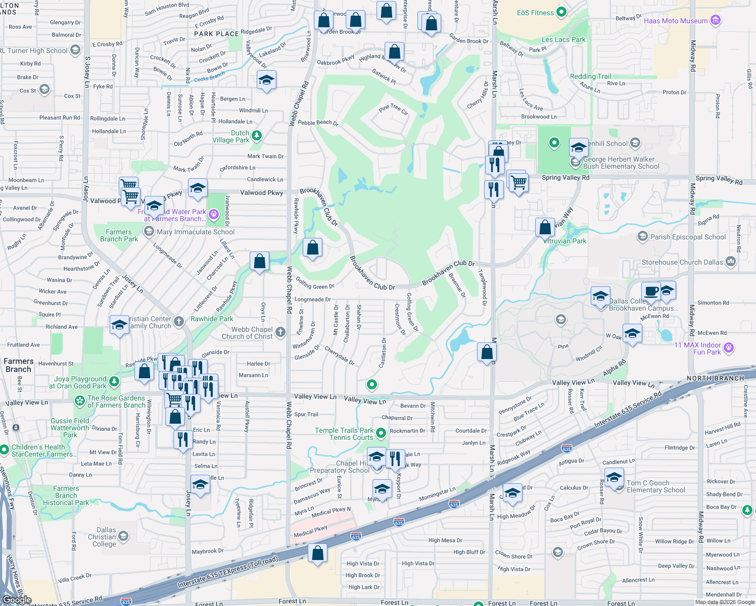 map of restaurants, bars, coffee shops, grocery stores, and more near 3336 Longmeade Dr in Farmers Branch