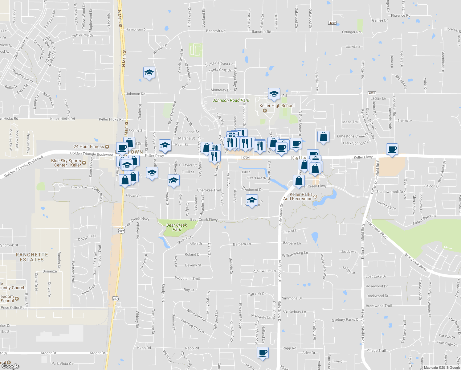 map of restaurants, bars, coffee shops, grocery stores, and more near 209 Anita Avenue in Keller