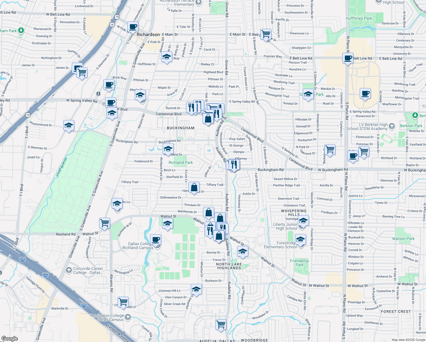 map of restaurants, bars, coffee shops, grocery stores, and more near 608 Laketrail Dr in Richardson