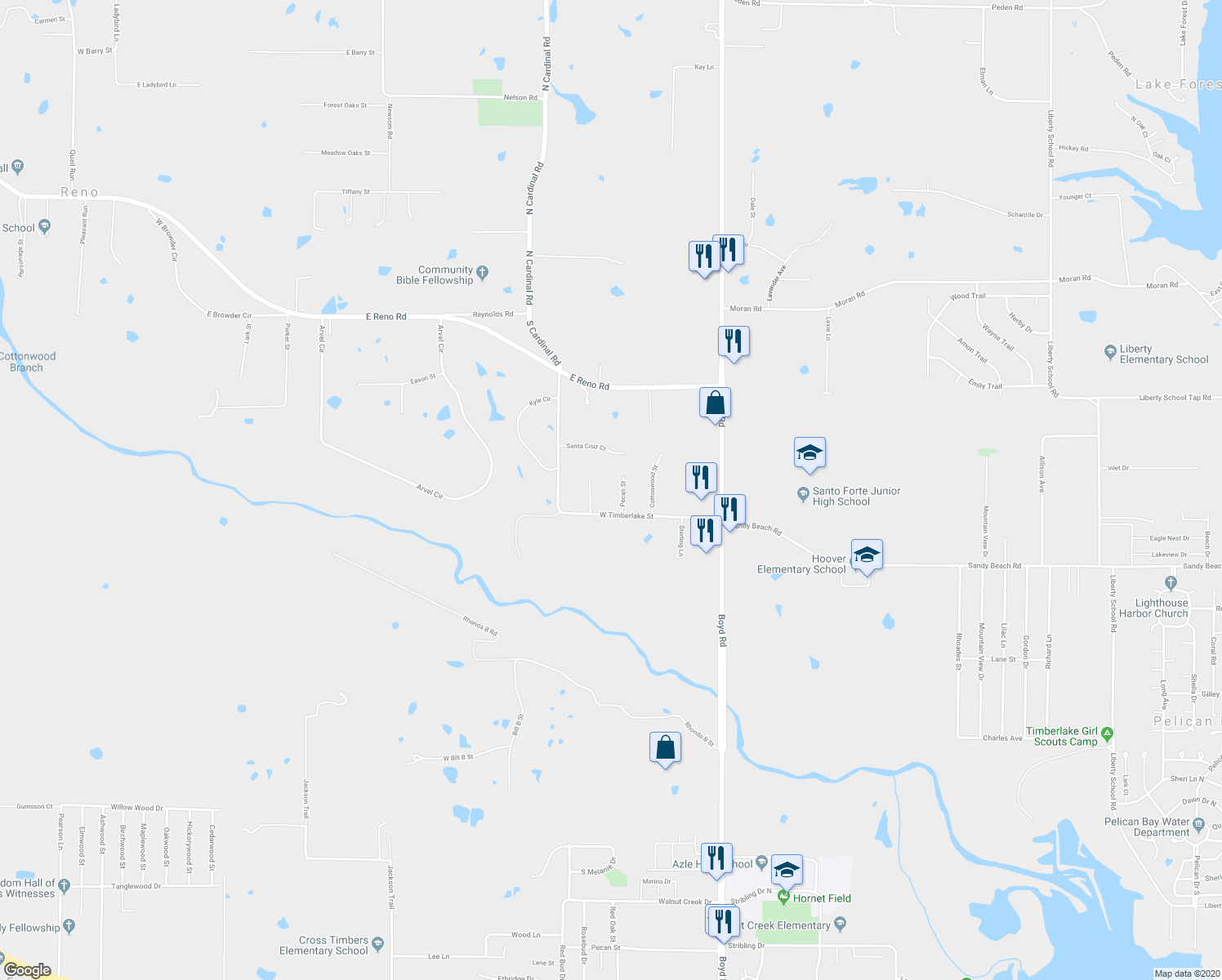 map of restaurants, bars, coffee shops, grocery stores, and more near 950 Pecan Street in Azle