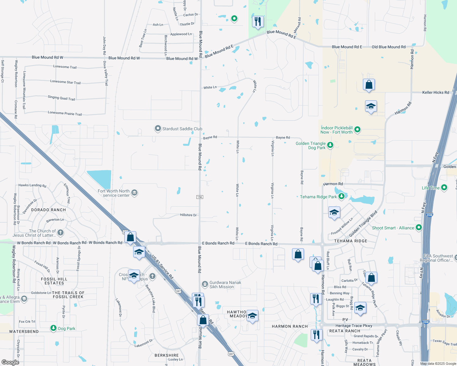 map of restaurants, bars, coffee shops, grocery stores, and more near 2212 White Lane in Haslet