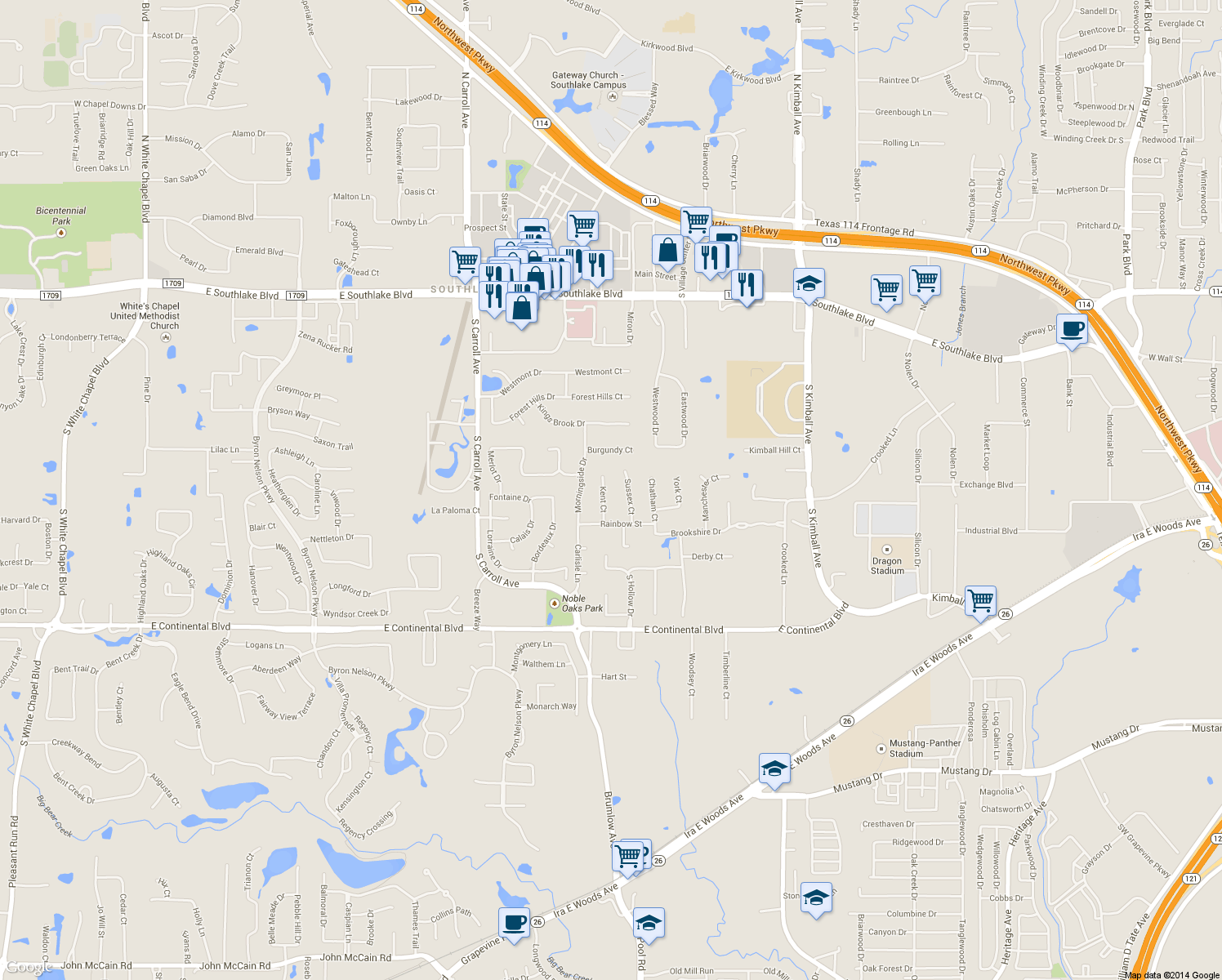 map of restaurants, bars, coffee shops, grocery stores, and more near 707 Kent Ct in Southlake