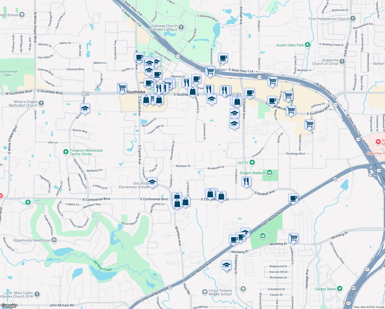 map of restaurants, bars, coffee shops, grocery stores, and more near 706 Chatham Court in Southlake