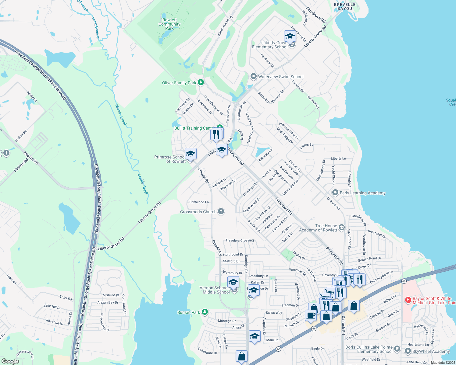 map of restaurants, bars, coffee shops, grocery stores, and more near 7313 Westway Dr in Rowlett