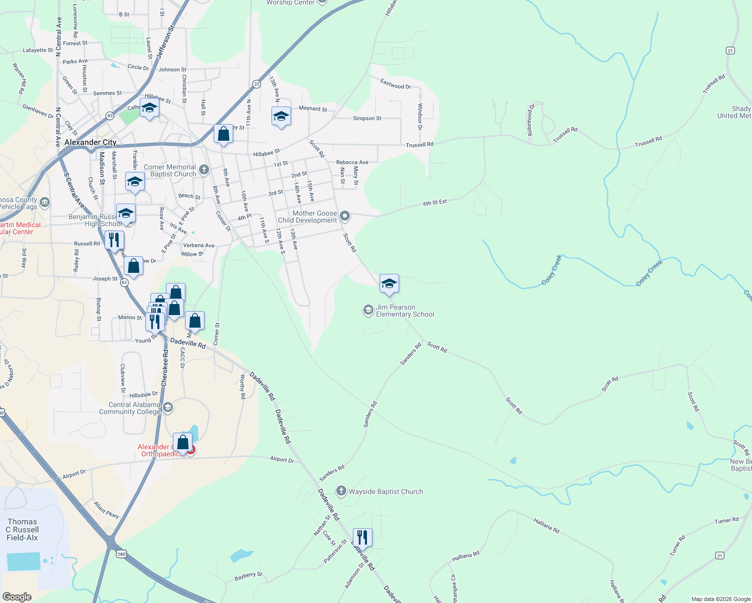 map of restaurants, bars, coffee shops, grocery stores, and more near 1212 Scott Road in Alexander City