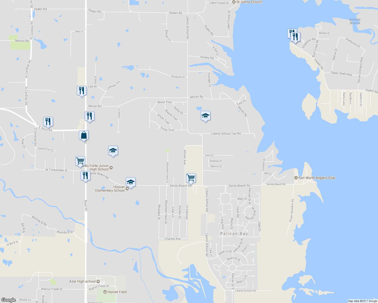 map of restaurants, bars, coffee shops, grocery stores, and more near 11304 Allison Avenue in Azle
